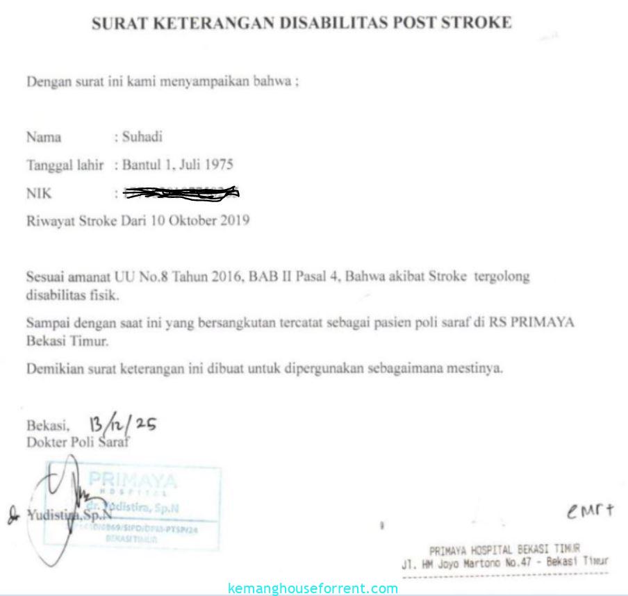 Contoh Fisik Surat Keterangan Disabilitas Post Stroke